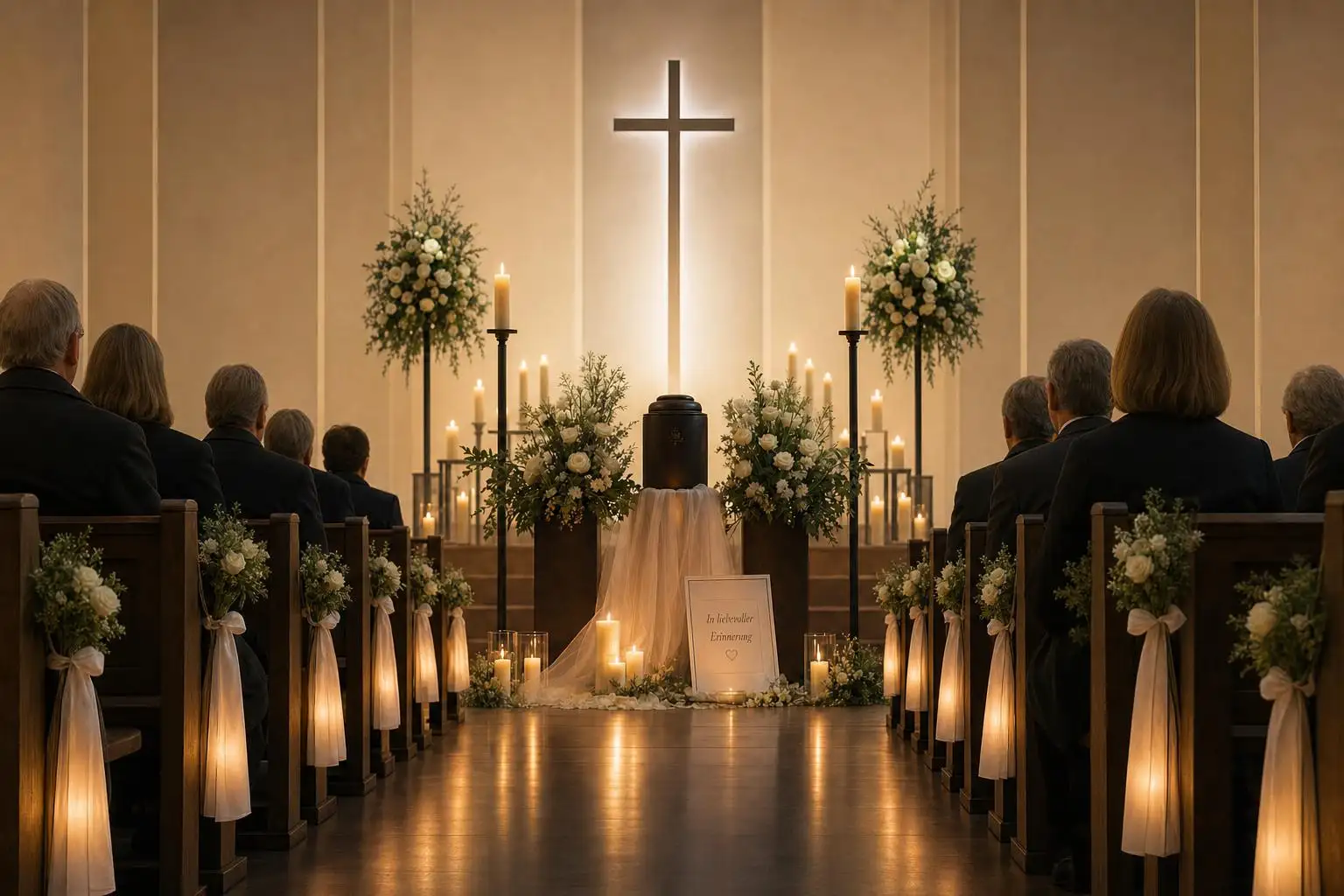 Kapelle, Kerzenlicht, Blumenschmuck oder Abschiedsdekoration